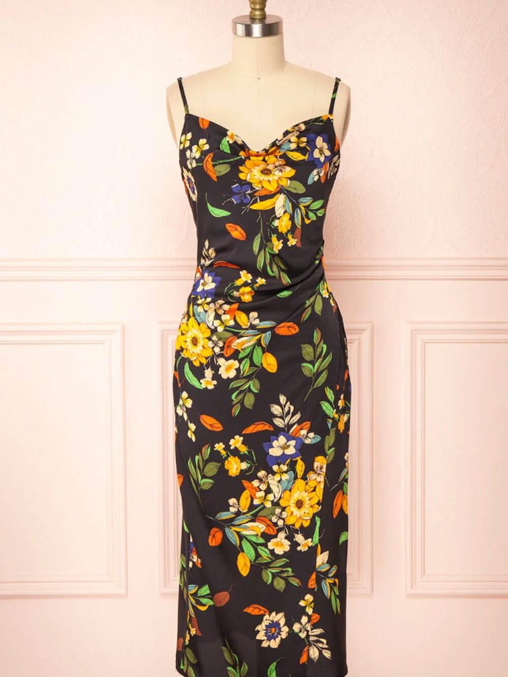 Garota Black Floral Satin Midi Dress Size XS — Cowl Neck / Side Ruche - Picture 8 of 10